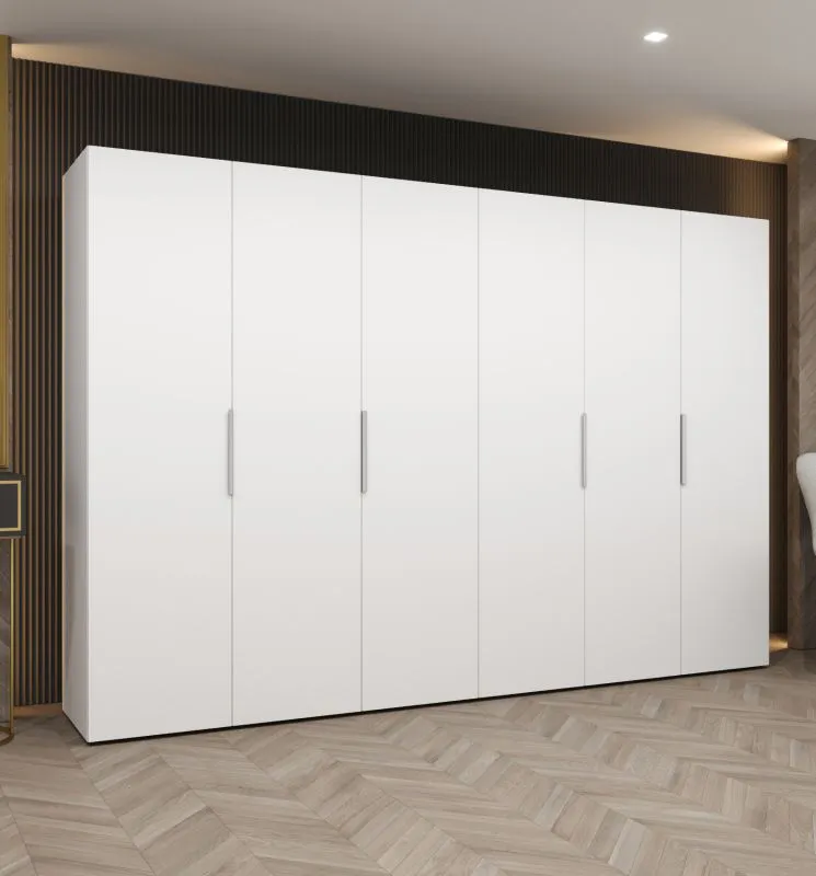 Drehtürenschrank Korab 48, Farbe: Weiß, sechs Türen, Kleiderschrank, Soft-Close-Funktion, vier Fächer, 3 Meter breit, Griffe: Kaschmir, vier Kleiderstangen