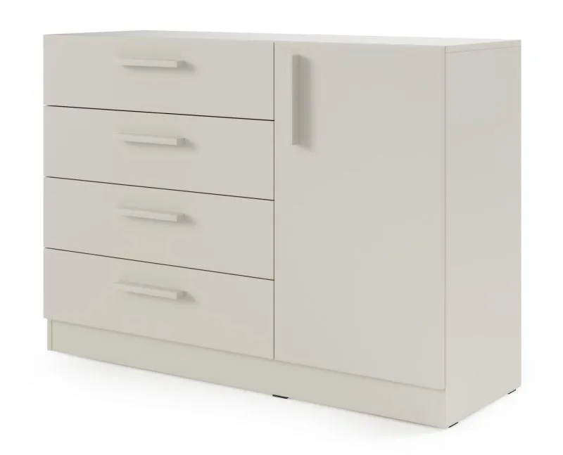 Kommode | 4 Schubladen | 1 Tür | ABS-Kanten | 2 Fächer | 1 Einlegeboden | Farbe: Kaschmir |121 x 40 x 85 cm | Edegem 08
