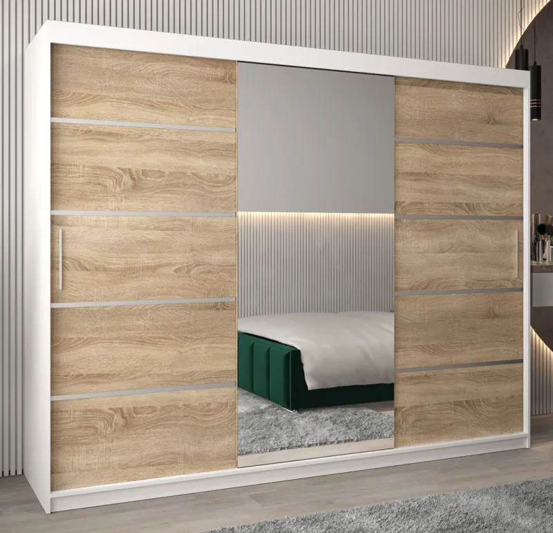 Großer 250 cm breiter Kleiderschrank mit 10 Fächern und 3 Türen | Farbe: Sonoma Eiche / Weiß Abbildung