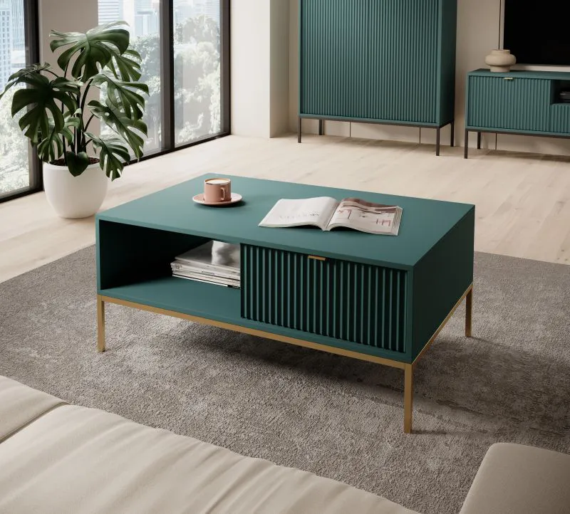 Moderner Couchtisch Worthing 09, Farbe: Grün / Gold - Abmessungen: 46 x 104 x 68 cm (H x B x T)