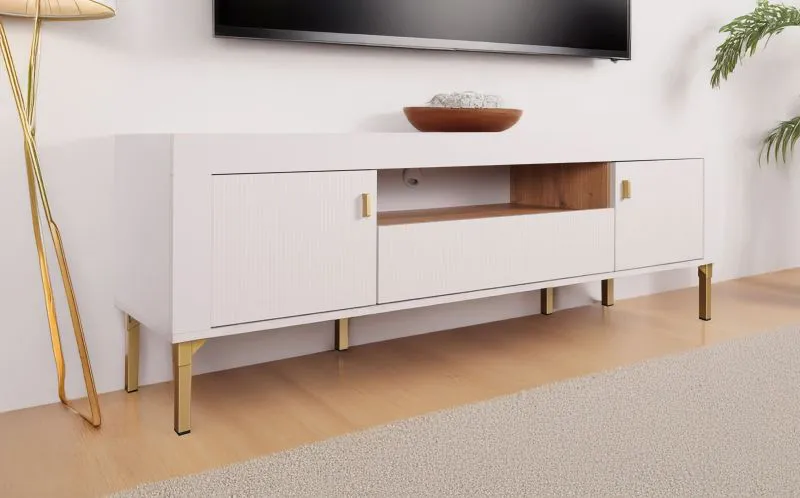 Moderner TV-Schrank / TV-Möbel mit einen offenen Fach Barbe 24, mit zwei Türen, drei Fächer, Farbe: Kaschmir, Maße: 51,5 x 177 x 40 cm, ABS-Kantenschutz, eine Schublade, Griffe: Gold, sehr Langlebig 