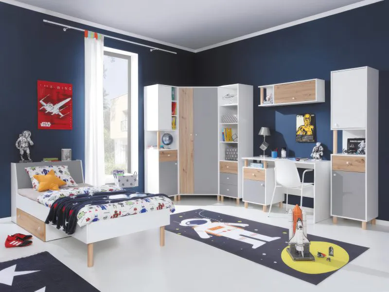 Jugendzimmer Kinderzimmer Komplett - Set B Burdinne, 7-teilig, Farbe: Weiß / Eiche / Grau