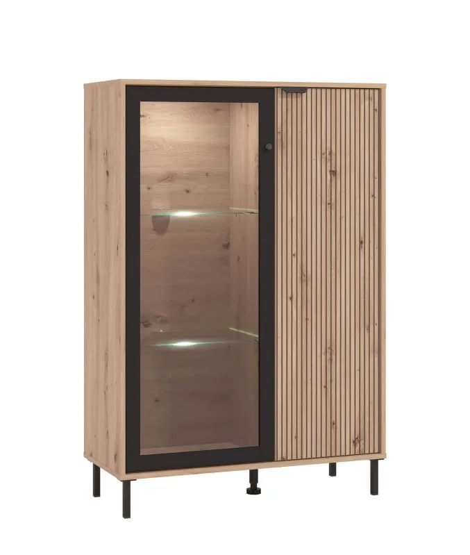Vitrine mit sieben Fächer Zvesdara 05, eine Glastür, modernes Design Farbe: Eiche Artisan / Schwarz, Maße: 137,5 x 93 x 40 cm, Griffe: Metall