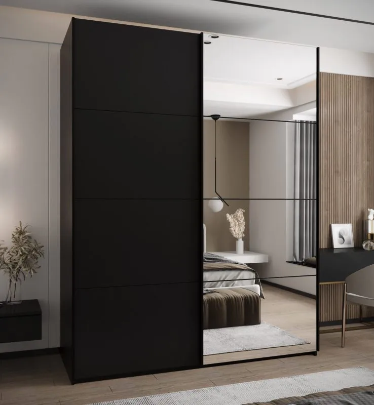 Kleiderschrank / Schiebetürenschrank | Soft-Close | 2 Schiebetüren | 2 Kleiderstangen | Farbe: Schwarz | 245,5 x 200 x 64 cm | 11 Fächer | Spiegel