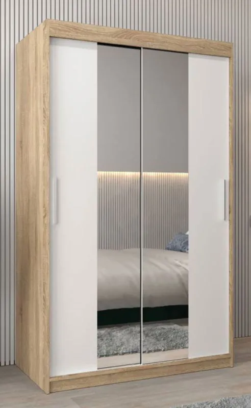 120 cm breiter Schiebetürenschrank mit 2 Türen | 5 Fächer | 2 Kleiderstangen | Farbe: Sonoma Eiche / Weiß Abbildung