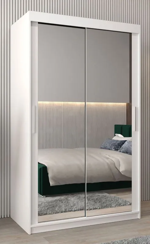 120 cm breiter Schiebetürenschrank mit 2 Türen | 5 Fächer | 2 Kleiderstangen | Farbe: Weiß Abbildung