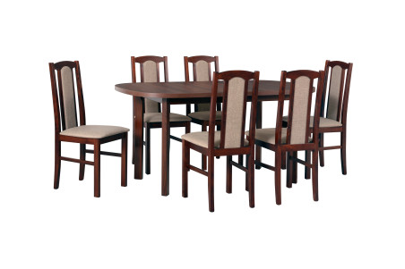 Essgruppe D mit 6 Stühlen, Holzfarbe: Nuss, Polsterung: Hellbraun, zeitloses Design, platz für 6 Personen, massive Holzstühle, bequeme Polster